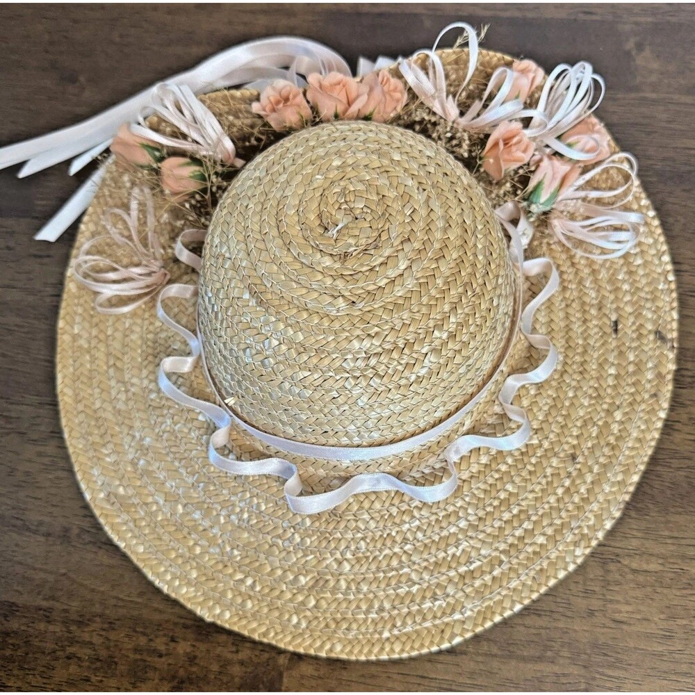 Straw Hat with Peach Flowers, Ribbons Grannycore Cottagecore Wall Decor - Picture 9 of 10